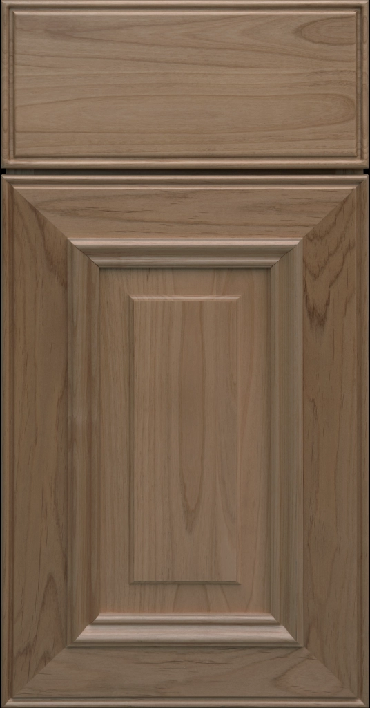 Custom Fawn Stain Anderson Raised Panel Kitchen Cabinet Door and matching Slab Drawer Front.